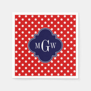 Red White Polka Dot Navy Quatrefoil 3 Monogram Pappersservett