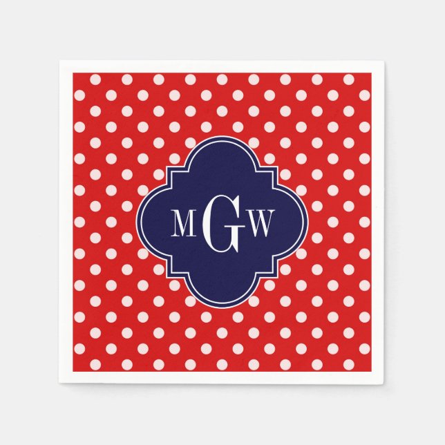 Red White Polka Dot Navy Quatrefoil 3 Monogram Pappersservett (Framsidan)