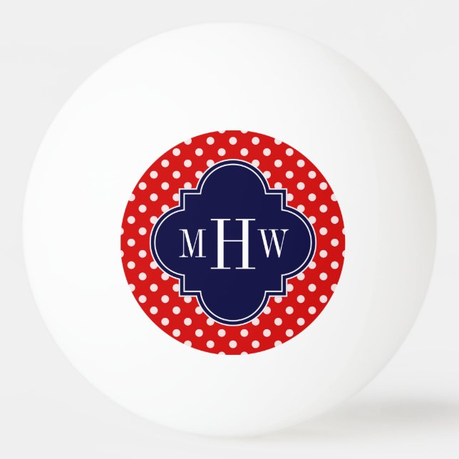 Red White Polka Dot Navy Quatrefoil 3 Monogram Pingisboll (Framsidan)