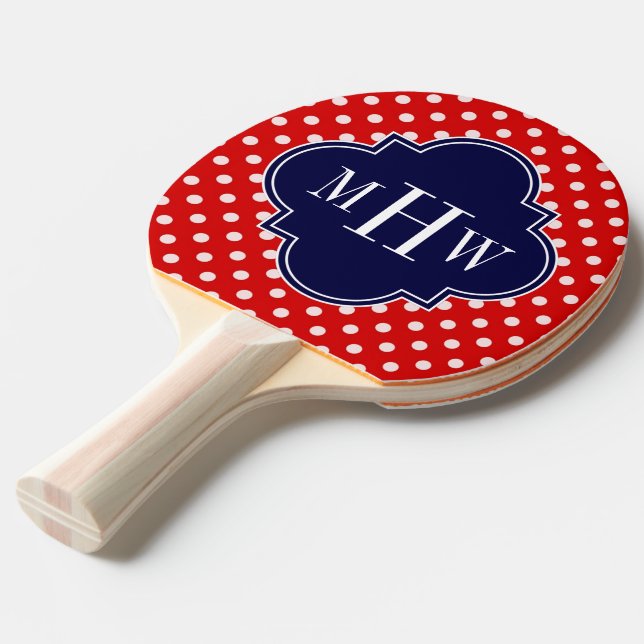 Red White Polka Dot Navy Quatrefoil 3 Monogram Pingisracket (Frontvinkel)