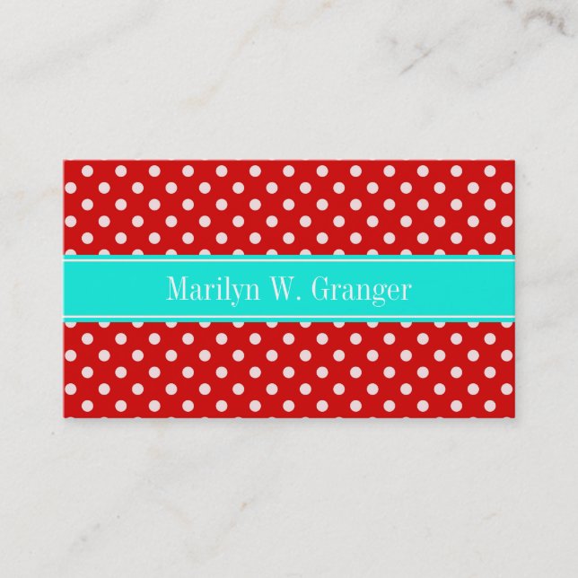 Red White Polka dots Bright Aqua Namn Monogram Visitkort (Framsida)