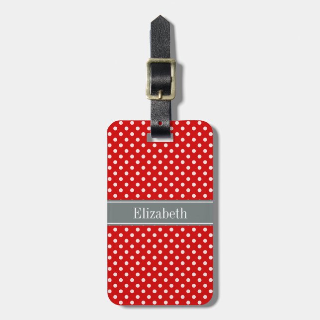 Red White Polka dots Charcol Ribbon Monogram Bagagebricka (Vertikal Framsida)