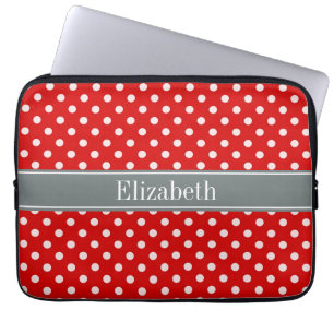 Red White Polka dots Charcol Ribbon Monogram Laptop Fodral