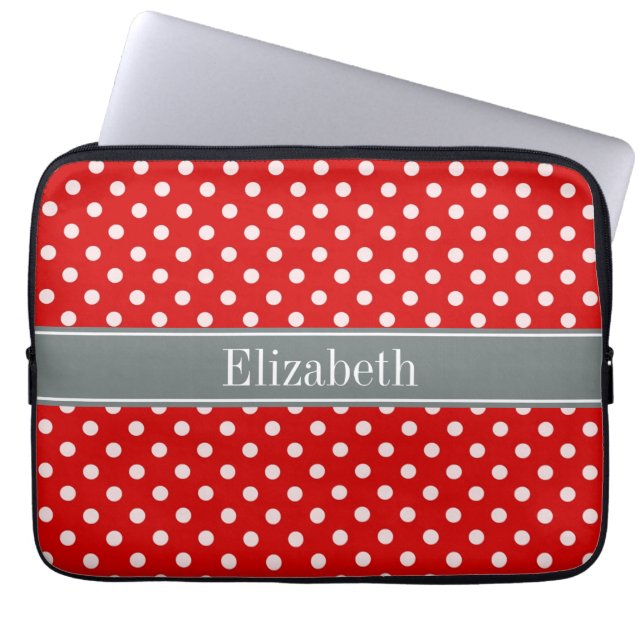 Red White Polka dots Charcol Ribbon Monogram Laptop Fodral (Framsidan)