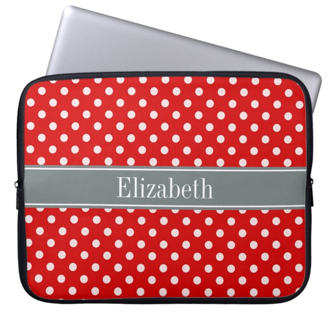 Red White Polka dots Charcol Ribbon Monogram Laptop Fodral (Framsidan)