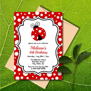 Red White Polka dots Ladybug Ram Barns födelsedag Inbjudningar