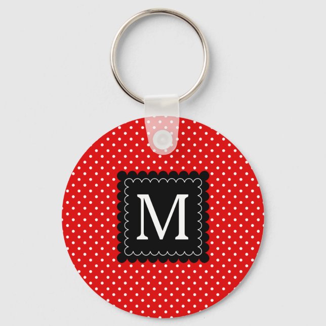 Red White Polka dots Mönster Black Monogram Nyckelring (Framsida)