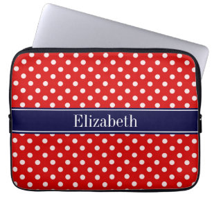 Red White Polka dots Navy Blue Ribbon Monogram Laptop Fodral