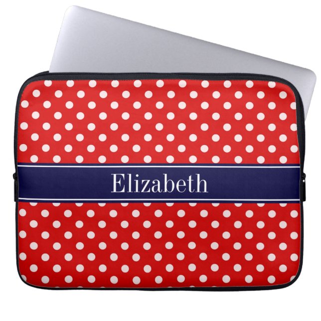 Red White Polka dots Navy Blue Ribbon Monogram Laptop Fodral (Framsidan)