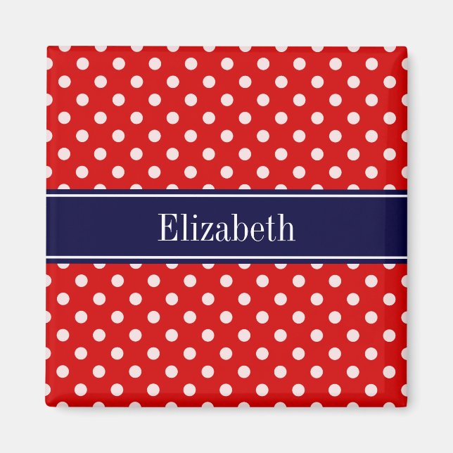 Red White Polka dots Navy Blue Ribbon Monogram Magnet (Framsidan)