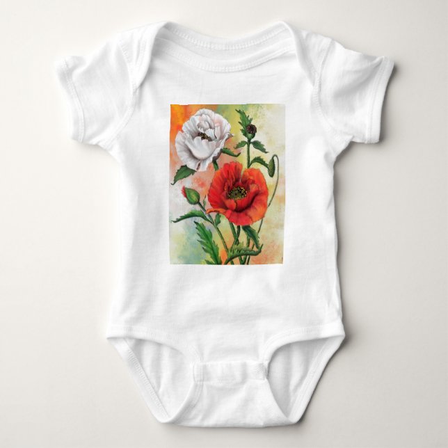 Red White Poppies Baby Bodydräkt T Shirt (Framsida)
