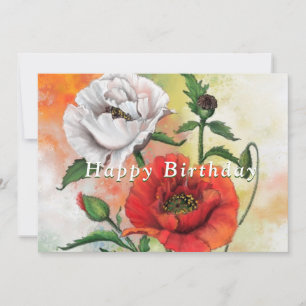 Red White Poppies Birday Card