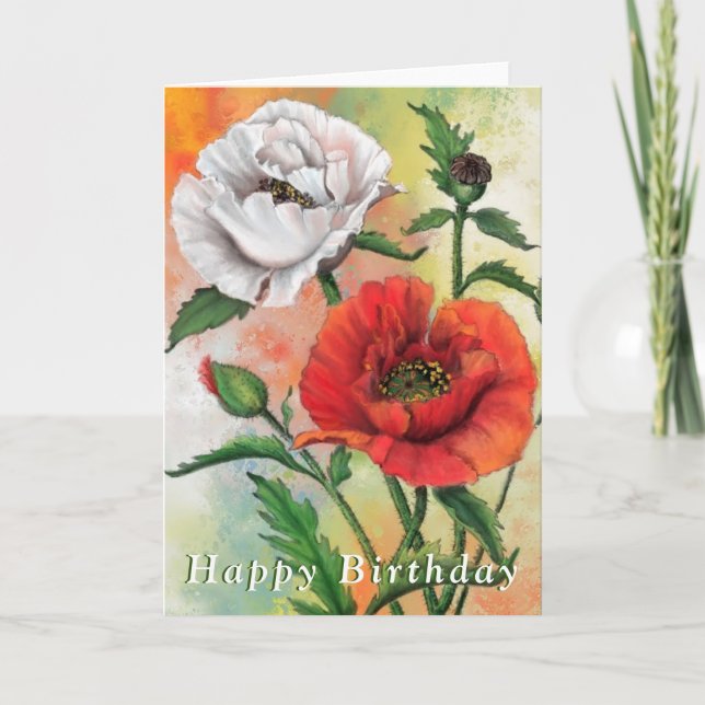 Red White Poppies Birday Card Kort (Framsida)