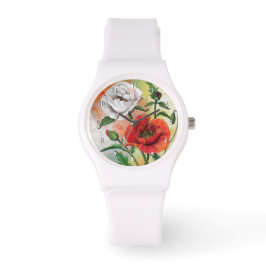 Red White Poppy Watch BeSnyval Flowers Armbandsur
