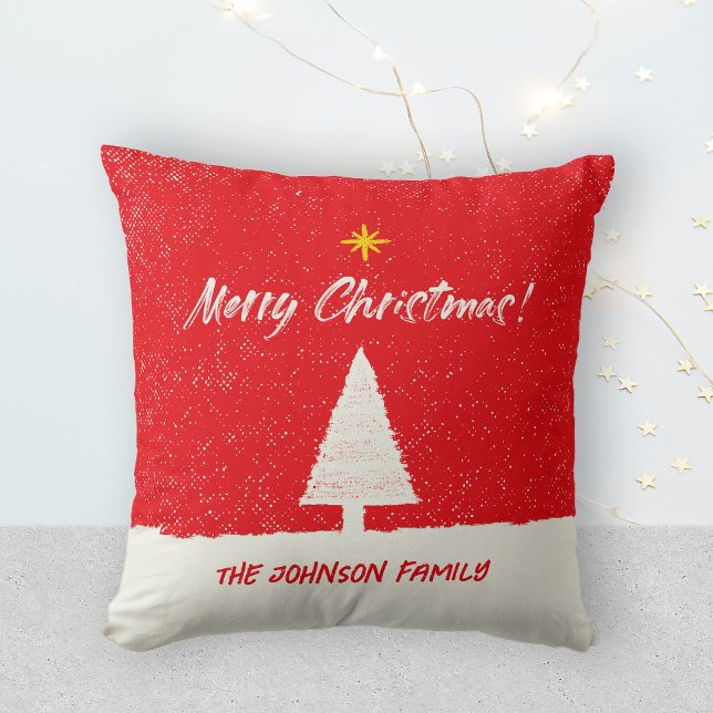 Red White Push-skript för god jul Träd Star Kudde (Merry Christmas Tree Star Red White Brush Script Throw Pillow ©Susanne Sachers - Sunny Mind Design)