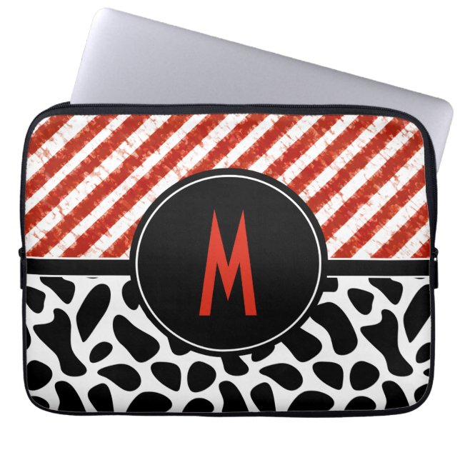 Red White Rand Black Mönster Monogram Laptop Fodral (Framsidan)