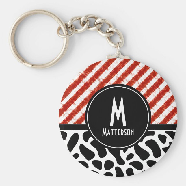 Red White Rand Black Mönster Monogram Nyckelring (Framsidan)