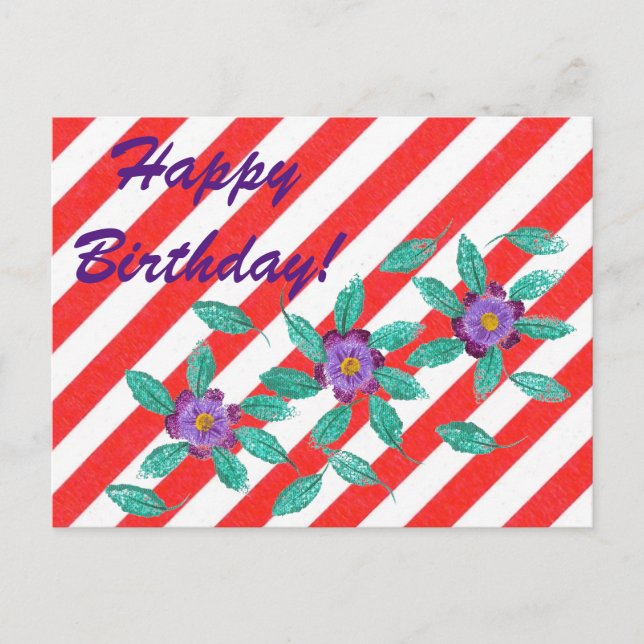 Red White Rand Lila blommor Birthday Postcard Vykort (Framsida)