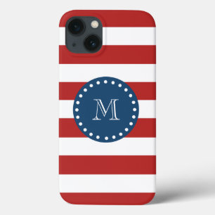 Red White Rand Mönster, marinblå monogram