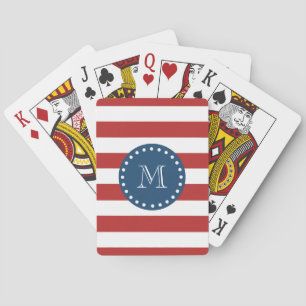 Red White Rand Mönster, marinblå monogram Spelkort
