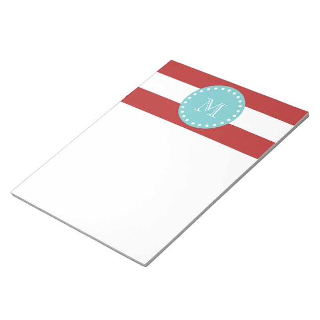 Red White Rand Mönster, Teal Monogram Anteckningsblock (Vinklad)