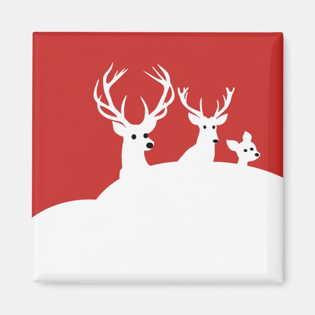 Red White Reindeer Family Hjort Snö Magnet (Framsidan)