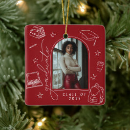 Red White Retro Hand plockade Photo Studenten Julgransprydnad Keramik