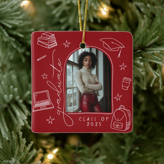 Red White Retro Hand plockade Photo Studenten Julgransprydnad Keramik (Träd)