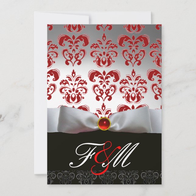 RED WHITE RIBBON & BLACK DAMASK MONOGRAM Ruby Inbjudningar (Framsida)