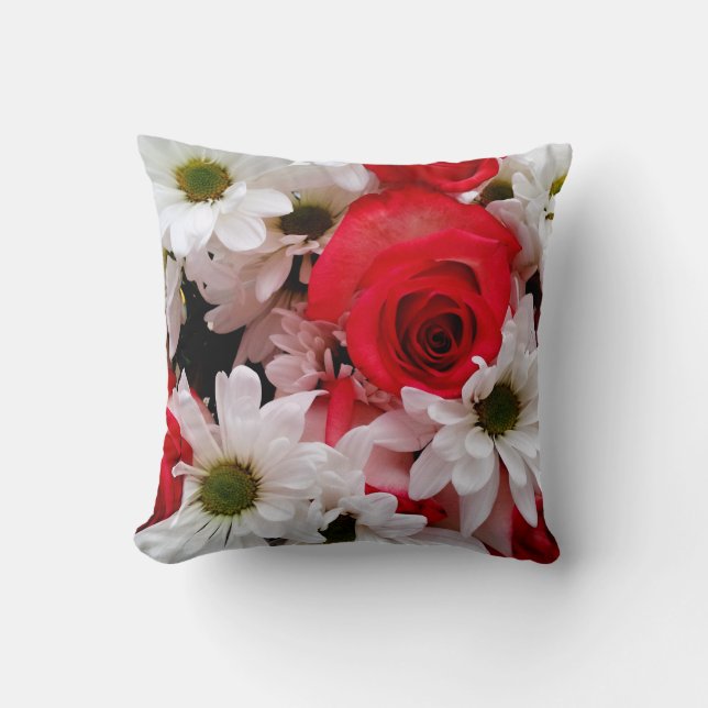 Red-White, Ro och Daisy Bouquet-Sq Pillow Kudde (Framsida)