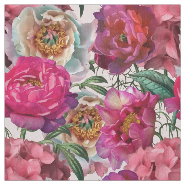 Red White Rosa Peonies & Hydrangea Flowers Tyg (Provkarta)