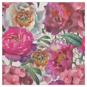 Red White Rosa Peonies & Hydrangea Flowers Tyg