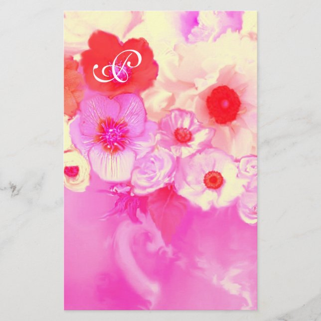 RED WHITE ROSA ROS OCH ANEMONE FLOWERS MONOGRAM BREVPAPPER (Framsida)