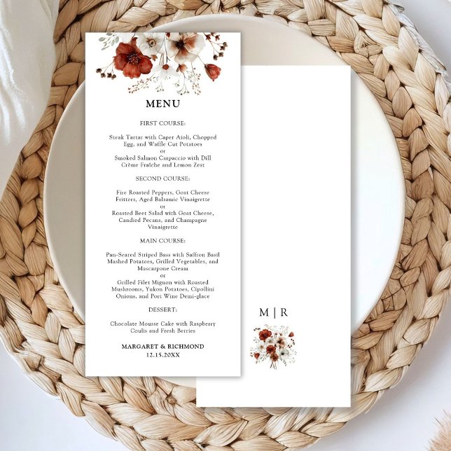 Red White Rustic Watercolor Blommigt Bröllop Menu Meny (Skapare uppladdad)