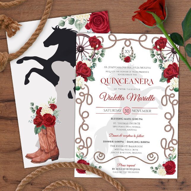 Red White Rustic Western Charro Quinceanera Inbjudningar (Skapare uppladdad)
