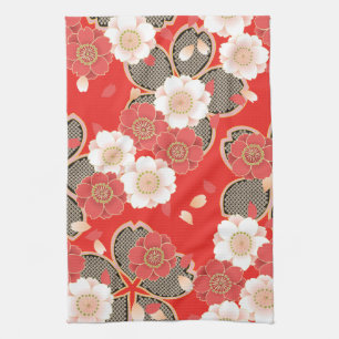 Red & White Sakura Japanska Kimono Kökshandduk