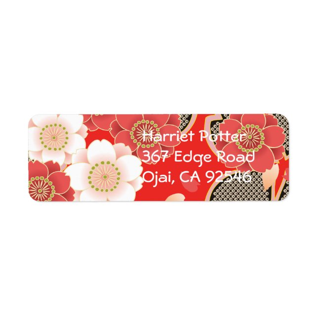 Red & White Sakura Japanska Kimono Returadress Etikett (Framsidan)