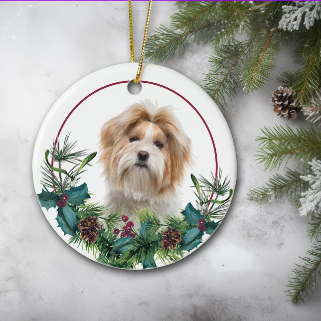 Red White Shih Tzu Hund Evergreen Wand Julgransprydnad Keramik (Skapare uppladdad)