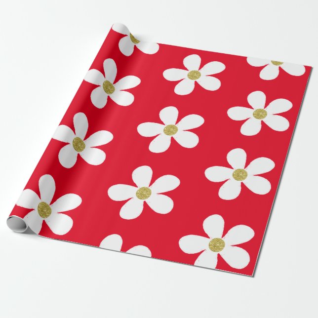 Red White Simple Daisy Guld Presentpapper (Utrullad)