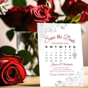 Red & White Simple Elegant bröllop Calendar Spara Datumet