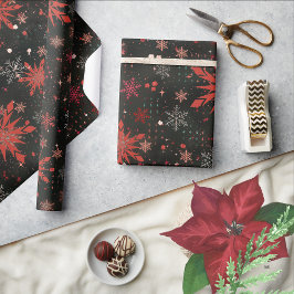Red White Snöflingor Black Wrapping papper Presentpapper