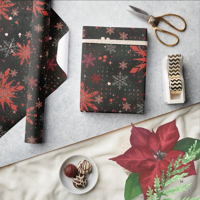 Red White Snöflingor Black Wrapping papper Presentpapper (Red White Snowflakes Black Wrapping paper )