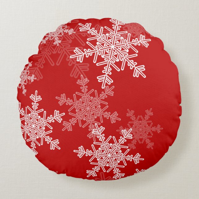 Red White Snöflingor - minimalistisk jul Rund Kudde (Framsidan)