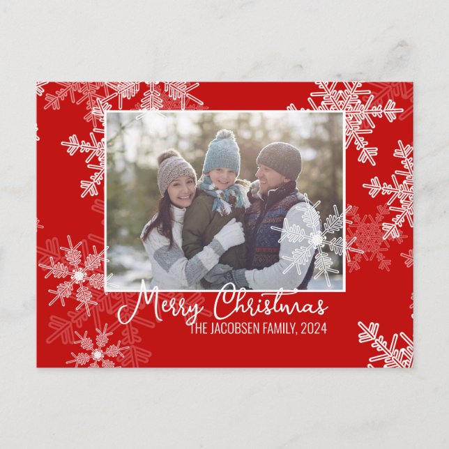 Red White Snöflingor - minimalistiskt julfoto Helg Vykort (Framsida)