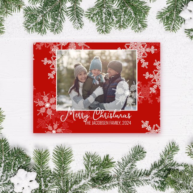 Red White Snöflingor - minimalistiskt julfoto Julkort (Skapare uppladdad)