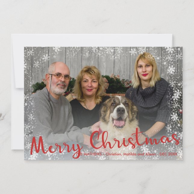 Red white snöflingor rustic God jul-skript Julkort (Framsida)