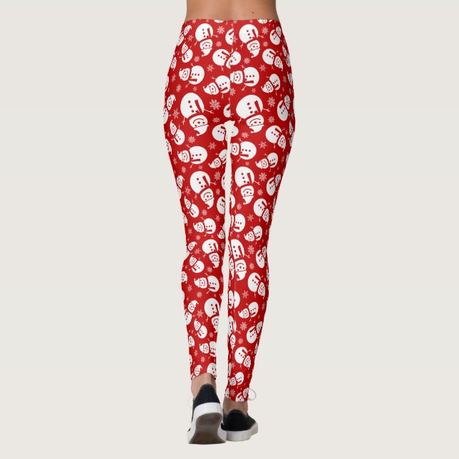 Red & White Snögubbe med Snowflake Mönster Fullt Leggings (Baksida)