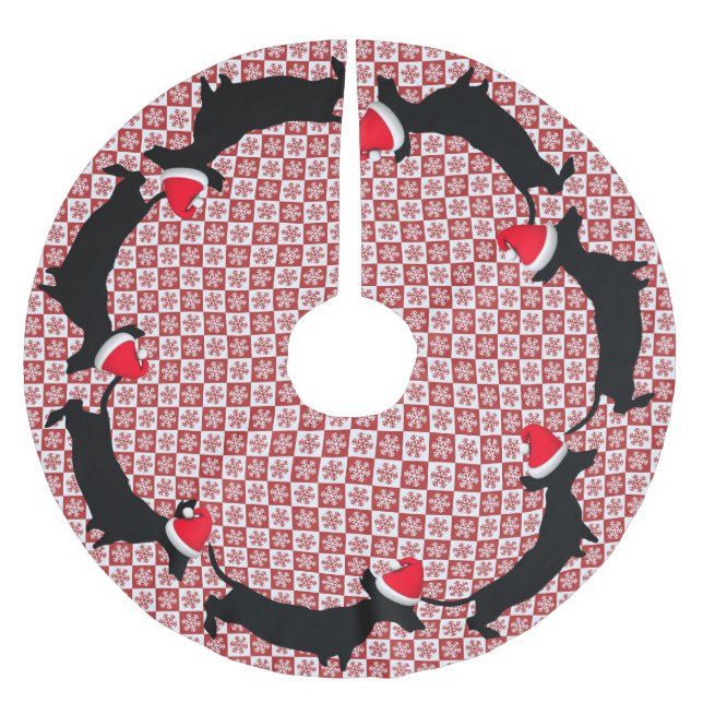 Red & White Snowflake Dachshunds Träd Skirt Julgransmatta Borstad Polyester (Framsidan)