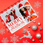 Red White Snowflake Family Photo Collage jul Julkort<br><div class="desc">Det här enkla och elegant fotojulkortet är perfekt för vilken familj som helst. Den har en ljusröd typografi på en vit bakgrund med två foton av din underbara familj. På baksidan är vit snöflingor på en ljusröd bakgrund. Det är ett modernt, festligt och ett roligt sätt att skicka din Julhälsningar...</div>