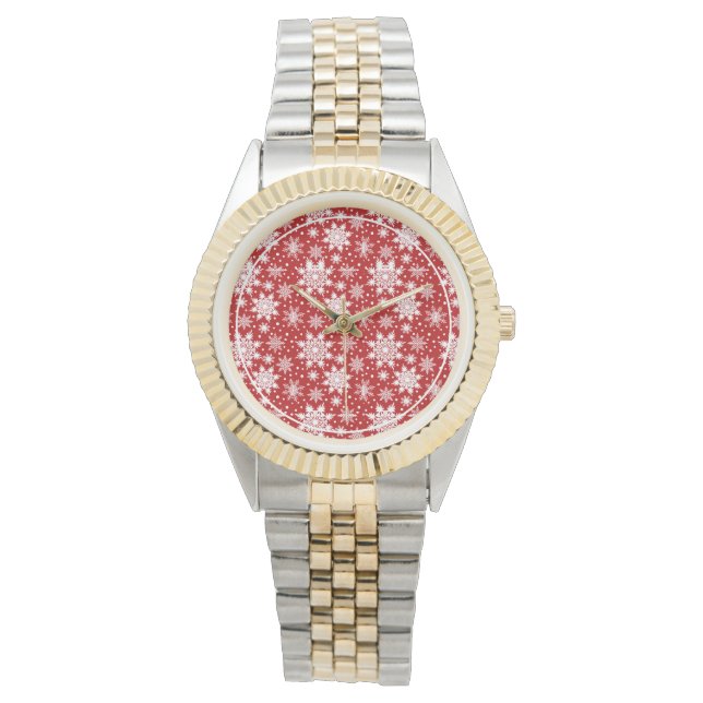 Red & White Snowflake jul Classic Mönster Armbandsur (Framsida)